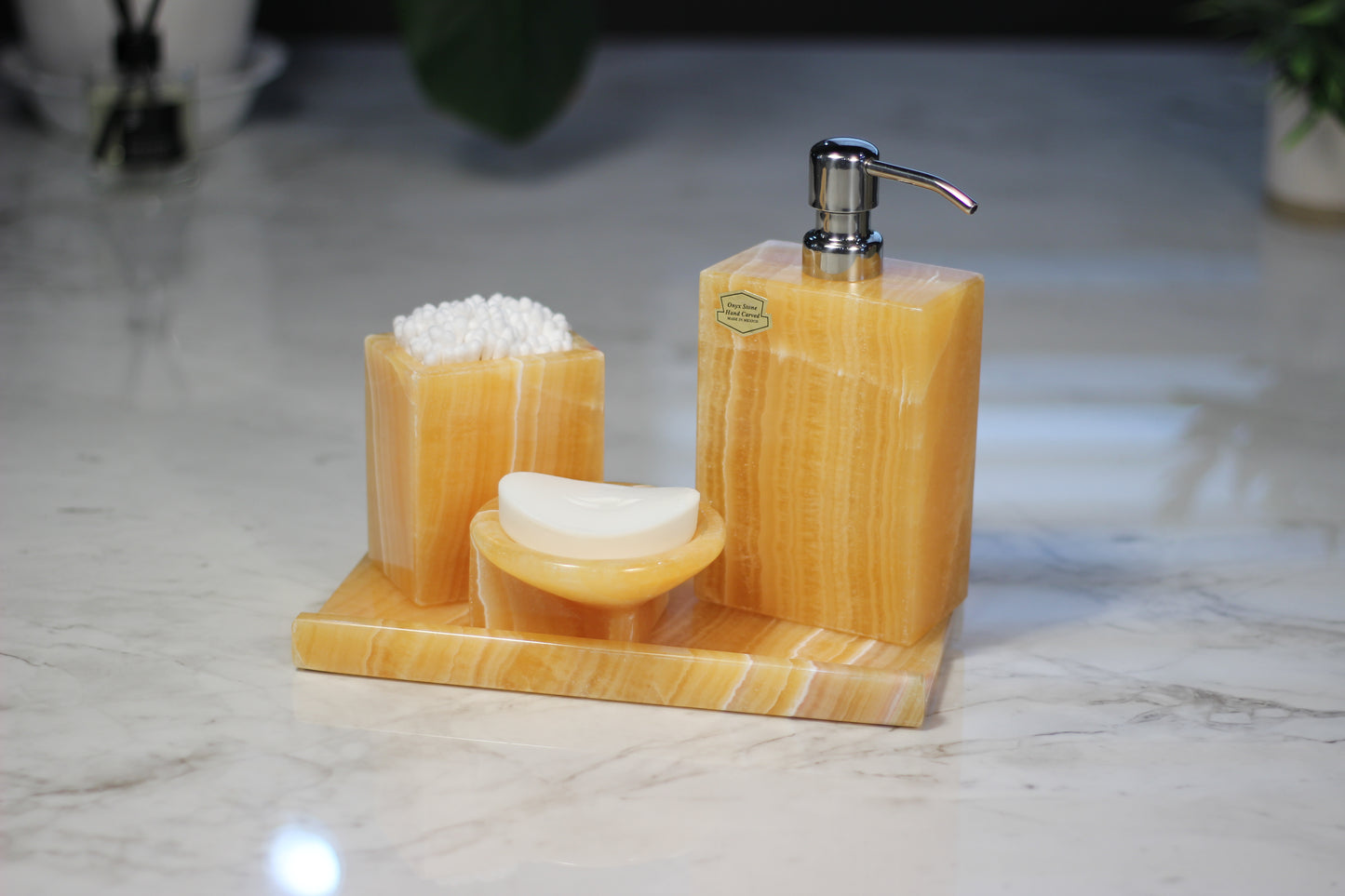 Honey Onyx Bathroom Accessory Set – 4 Piece Handcrafted Set
