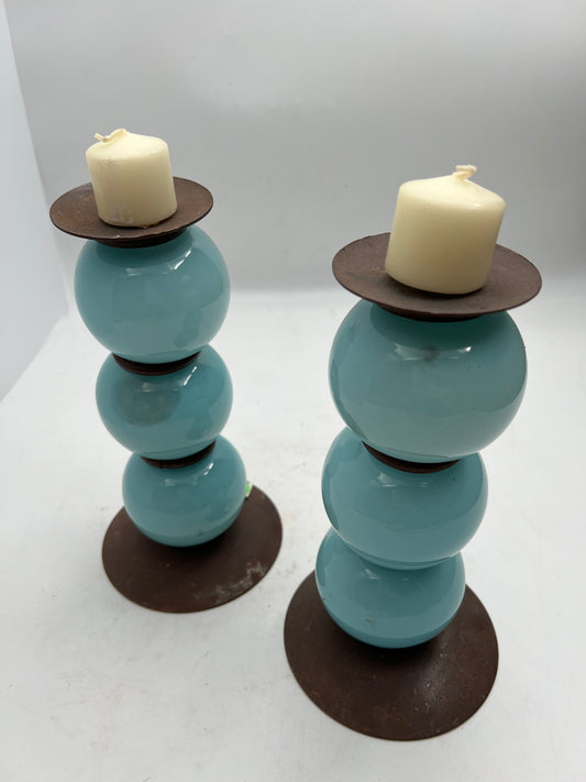 Rustic Blue Ceramic & Rusted Bronze Candelabro