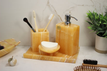Honey Onyx Bathroom Accessory Set – 4 Piece Handcrafted Set