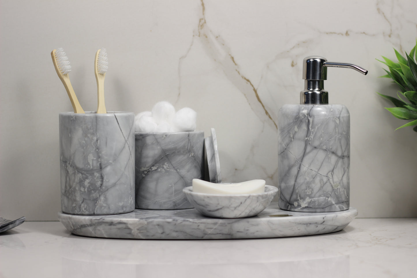 Grey Marble Bathroom Accessory Set – 5 Piece Handcrafted Set