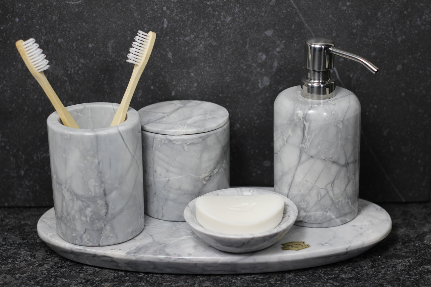 Grey Marble Bathroom Accessory Set – 5 Piece Handcrafted Set