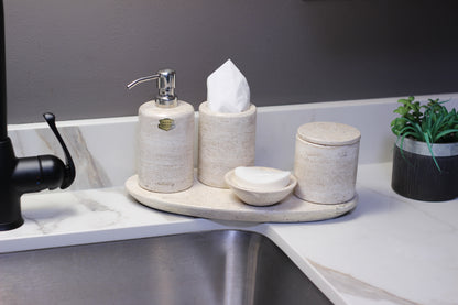 Natural Travertino Bathroom Accessory Set – 5 Piece Handcrafted Set