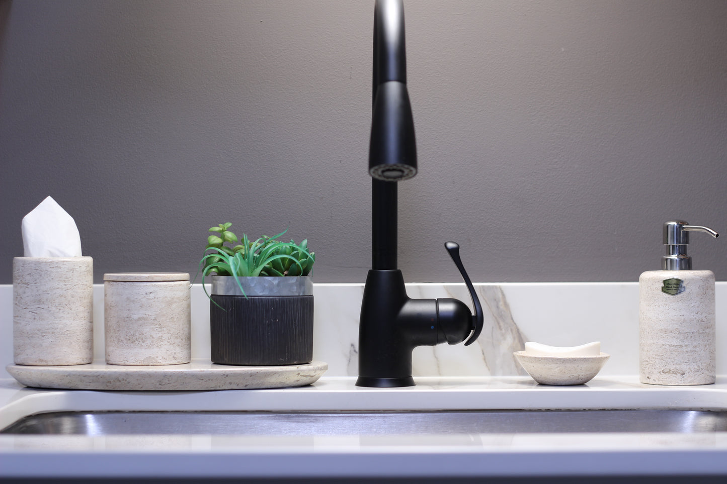 Natural Travertino Bathroom Accessory Set – 5 Piece Handcrafted Set