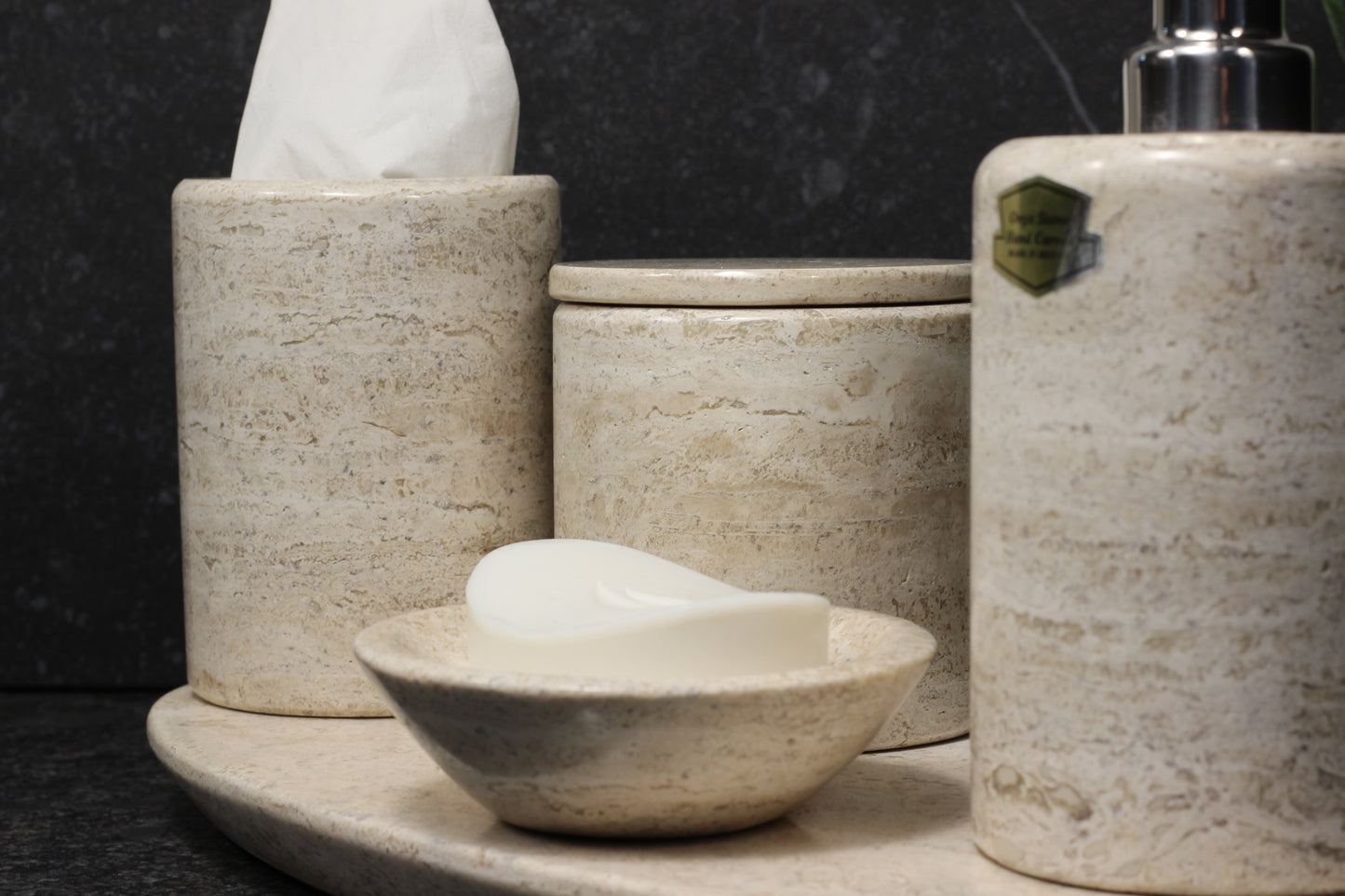 Natural Travertino Bathroom Accessory Set – 5 Piece Handcrafted Set