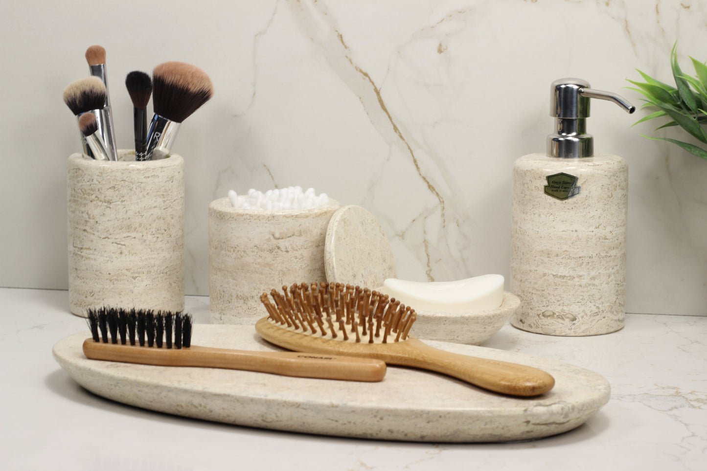 Natural Travertino Bathroom Accessory Set – 5 Piece Handcrafted Set
