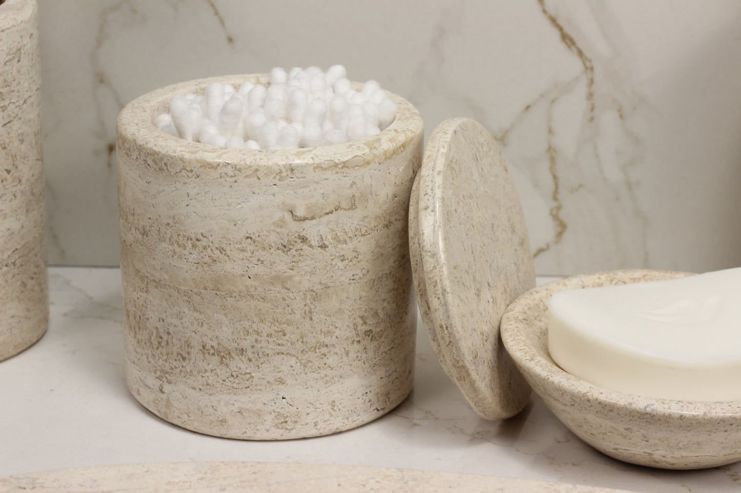 Natural Travertino Bathroom Accessory Set – 5 Piece Handcrafted Set