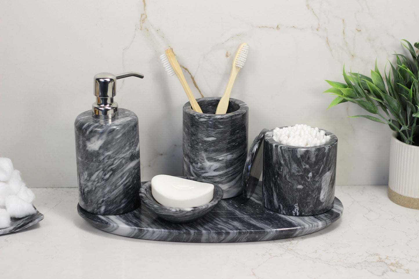 Black & White Marble Bathroom Accessory Set – 5 Piece Handcrafted Set