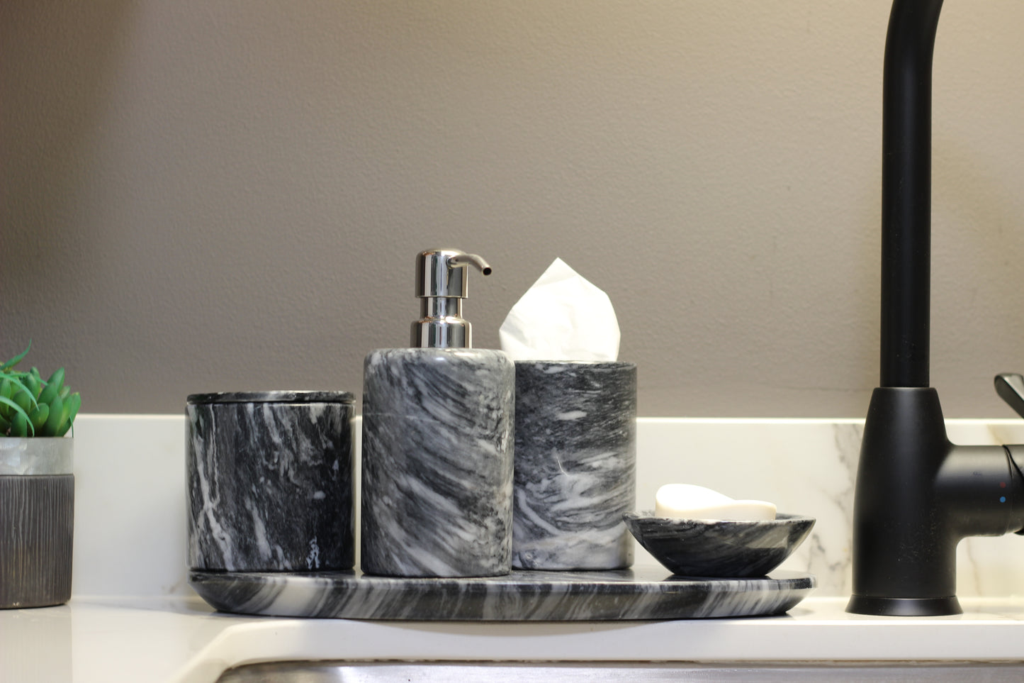 Black & White Marble Bathroom Accessory Set – 5 Piece Handcrafted Set