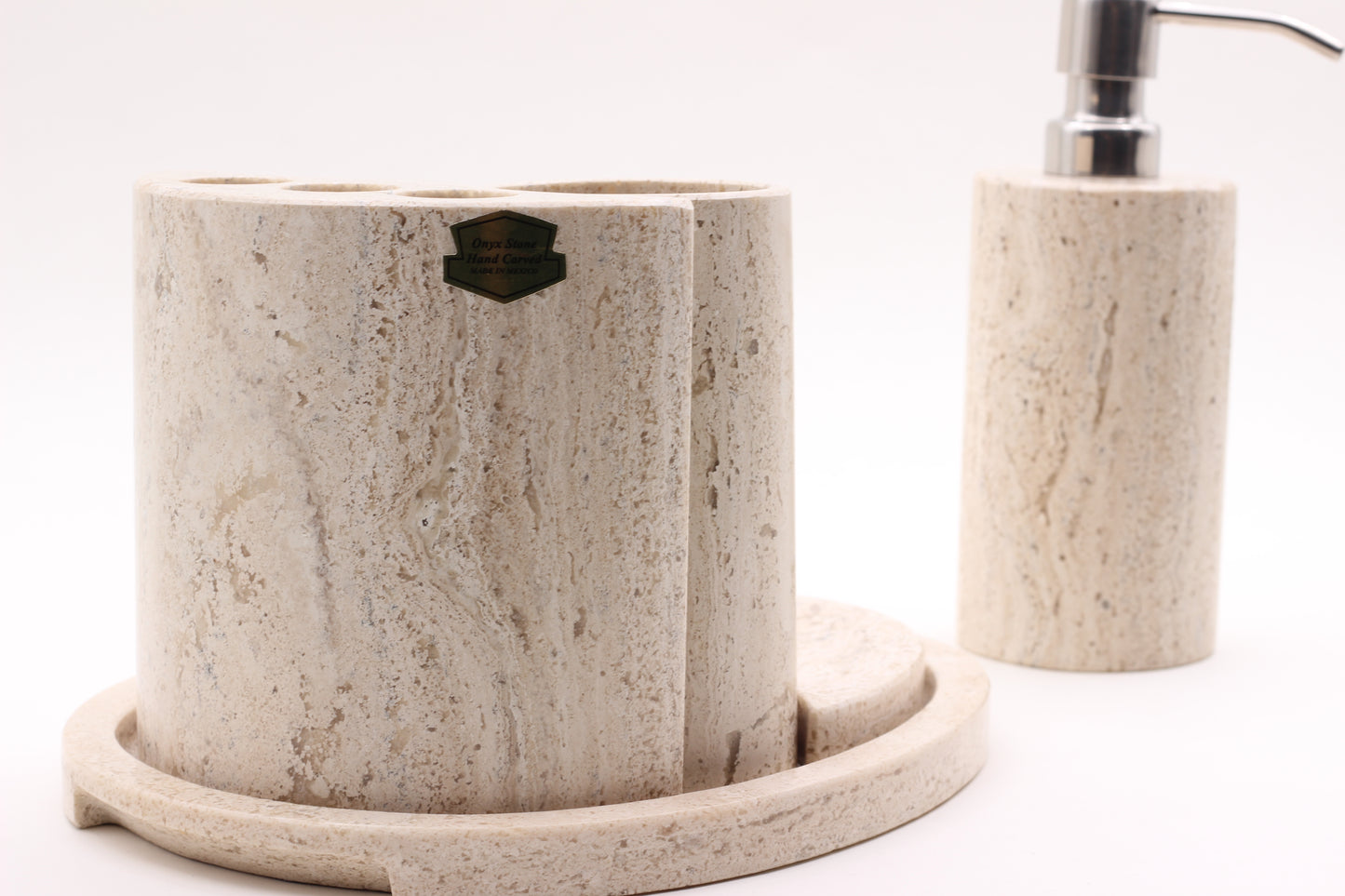 Natural Travertino Bathroom Accessory Set – 5 Piece Handcrafted Set