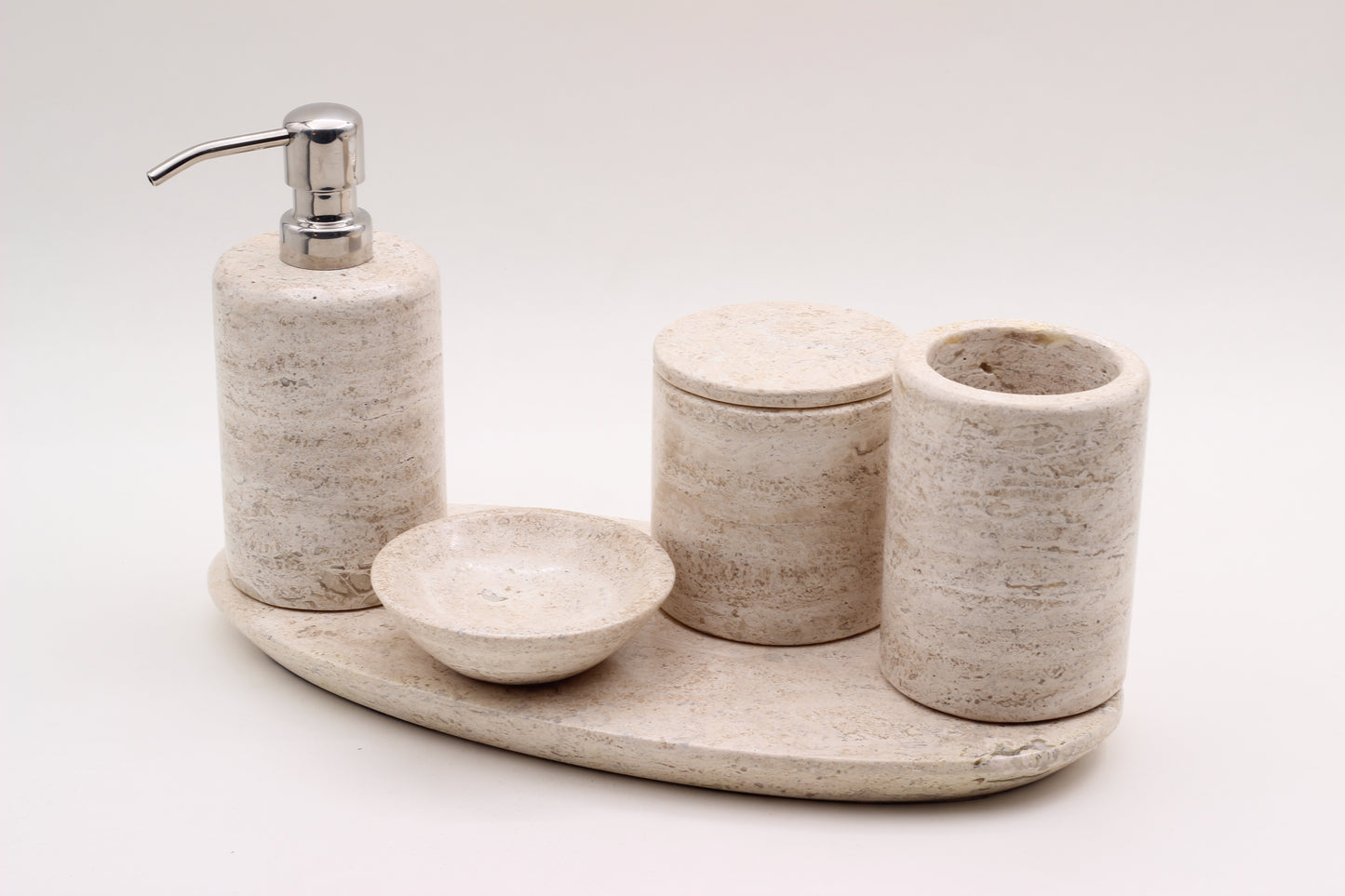 Natural Travertino Bathroom Accessory Set – 5 Piece Handcrafted Set