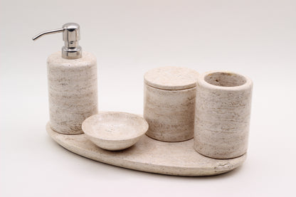 Natural Travertino Bathroom Accessory Set – 5 Piece Handcrafted Set