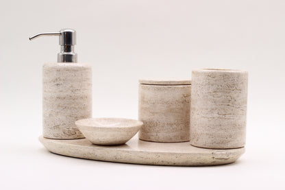Natural Travertino Bathroom Accessory Set – 5 Piece Handcrafted Set