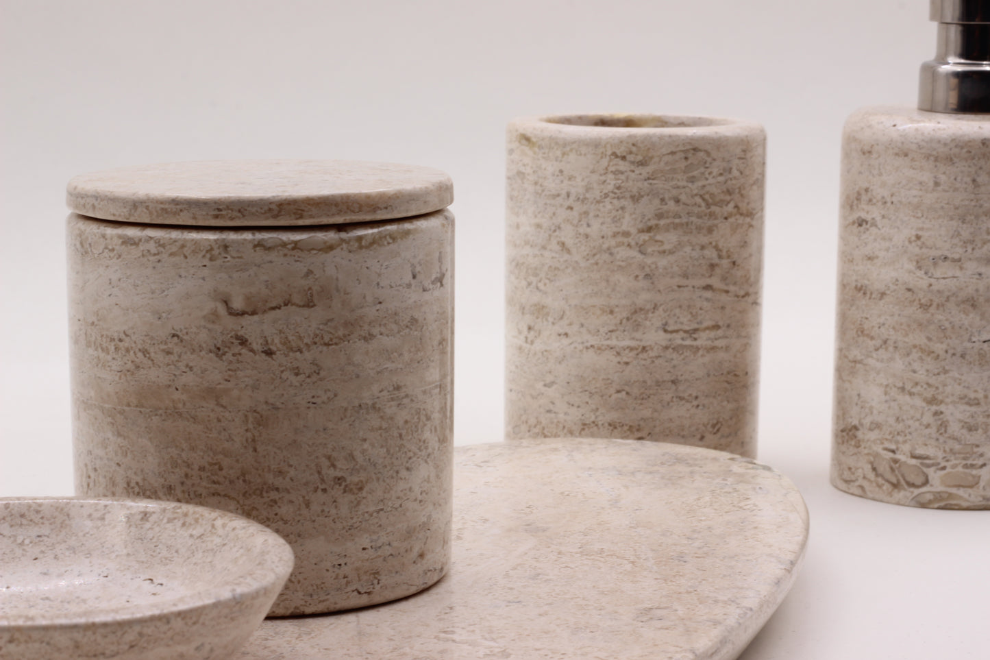 Natural Travertino Bathroom Accessory Set – 5 Piece Handcrafted Set