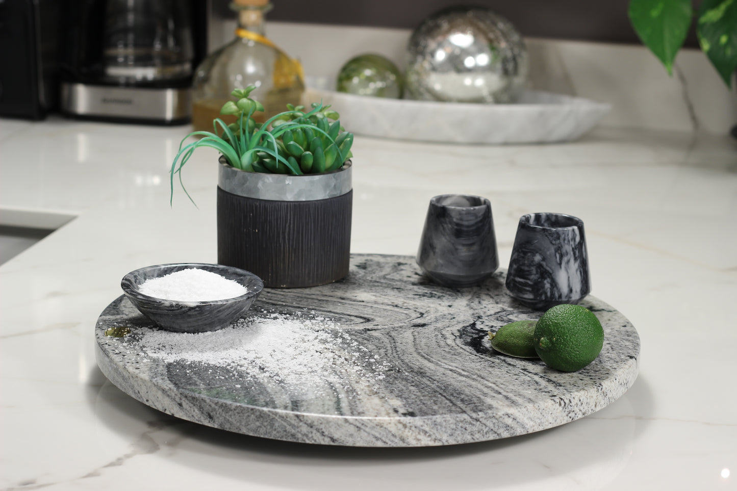 Black & White Marble Lazy Susan Serving Tray – 16" Handcrafted Rotating Tray