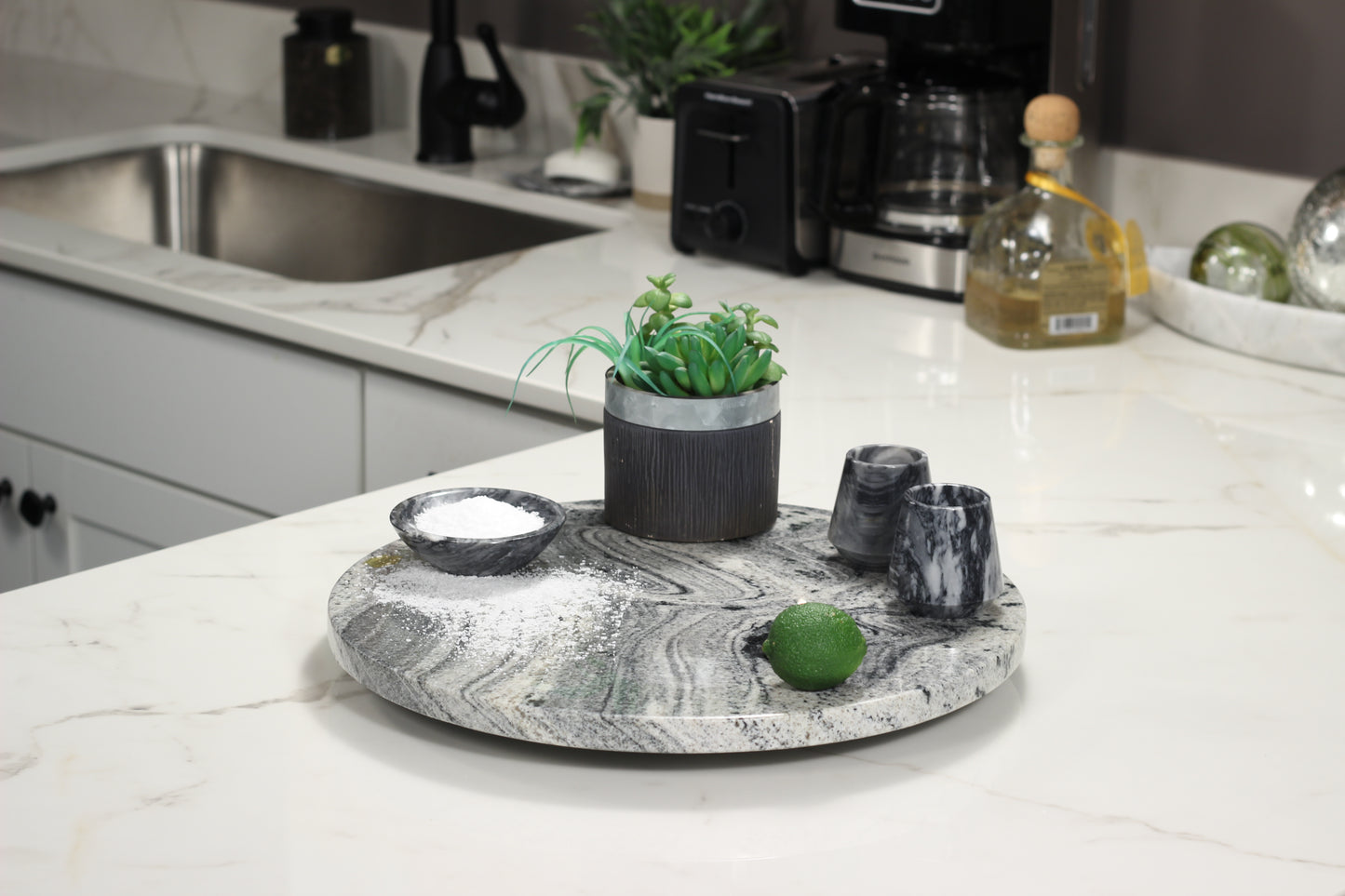 Black & White Marble Lazy Susan Serving Tray – 16" Handcrafted Rotating Tray