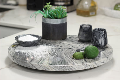 Black & White Marble Lazy Susan Serving Tray – 16" Handcrafted Rotating Tray