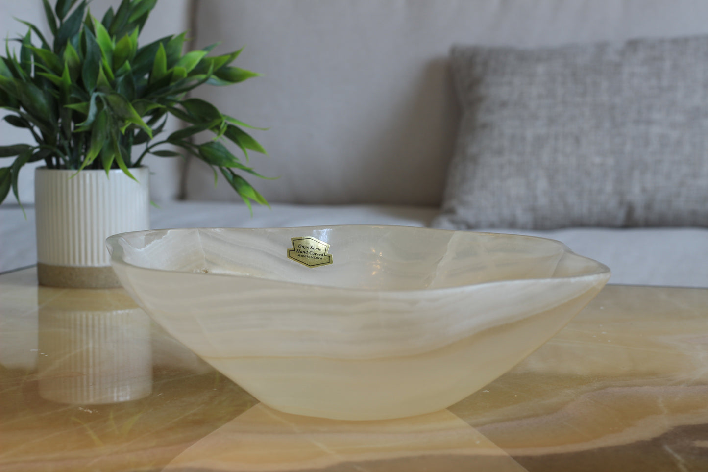 White Translucent Onyx Centerpiece Bowl – 9" x 10" Handcrafted Accent Piece