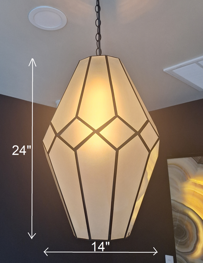 Large Frosted Glass & Tin Geometric Pendant Light Chandelier
